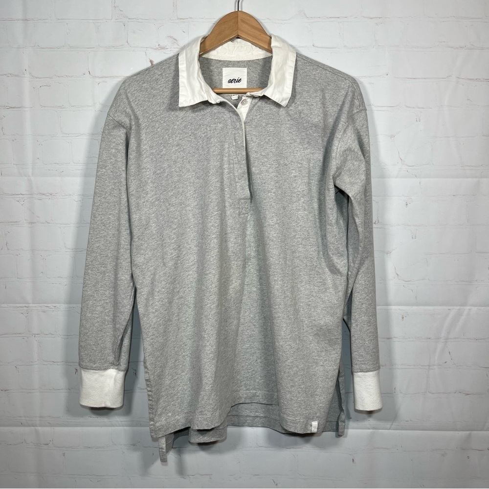 Aerie Rugby Polo Shirt Shirt Womens XS Gray High Low Hem Long Sleeve Preppy